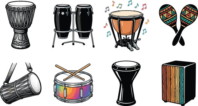 Percussion instruments vector illustration set featuring various traditional and modern drums, maracas, and rhythmic musical equipment isolated on a white background