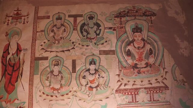 The mural art of the Mogao Grottoes in Dunhuang, China: Ancient Eastern art. Ancient Chinese murals, a sister piece to the Dunhuang murals, the Yulin Grottoes, Buddhist mural art.