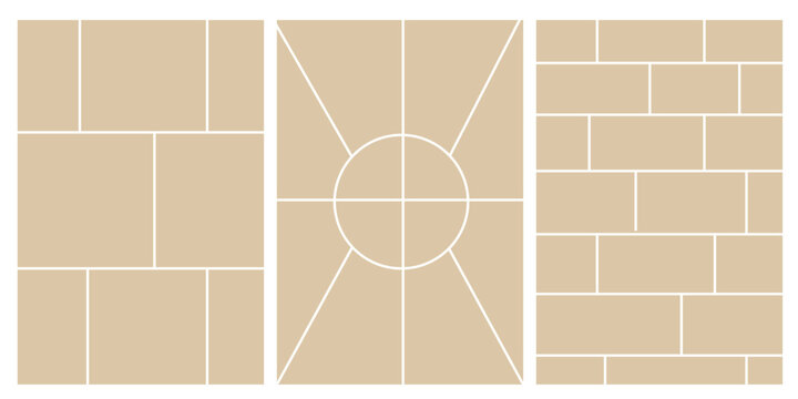 Image collage layout template. Beige mosaic mood board grid collection. Picture frame set. Photo album idea for banner, poster, comic page, flyer, brochure, booklet, memory wall design. Vector pack