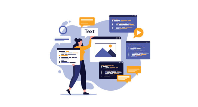 Professional web developer or designer managing various digital windows and code blocks on a stylized blue abstract background.