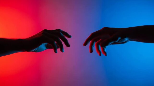 Two human hands reaching toward each other in vibrant red and blue neon light