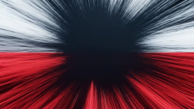 Abstract depiction featuring a burst of energy emanating from a central black void with red and white colors