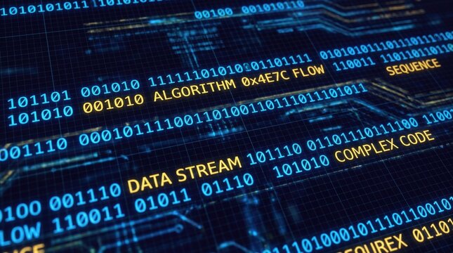 Close-up view of a digital screen displaying complex algorithms and binary code in vibrant colors.