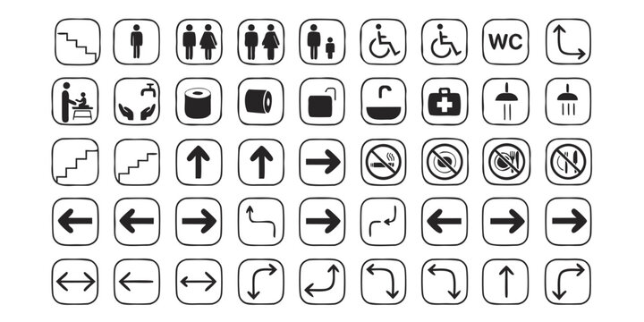Comprehensive set of black and white signage icons featuring navigation accessibility sanitary and directional symbols in hand drawn rounded frame vector illustration