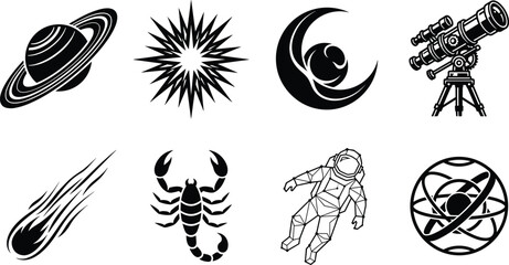 Black and white vector illustration set of space and astronomy icons featuring planets, stars, constellations, and instruments. © SHAPLAKHATUN