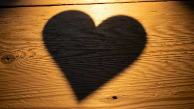 A sharp black heart shadow cast against a rustic textured wooden background