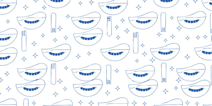 Dental hygiene seamless pattern with blue line art toothbrush and lips showing white teeth on white background flat vector design for packaging or fabric print