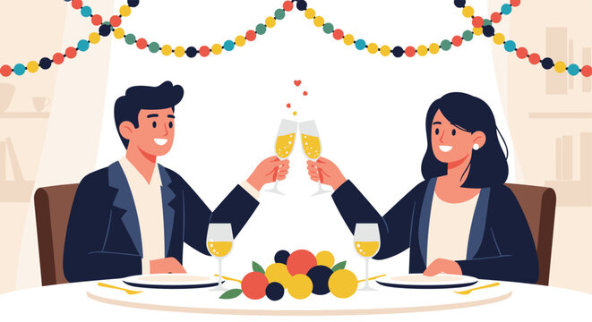 Happy couple enjoying a romantic dinner date and clinking champagne glasses at a table decorated with flowers and fresh fruit.