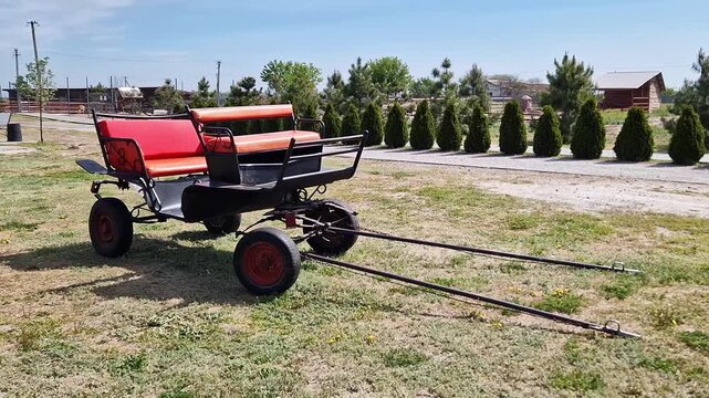 A black horse carriage with red seats is parked on green grass near a rural farm. Concept of traditional country transportation, equestrian lifestyle, and farm recreation.