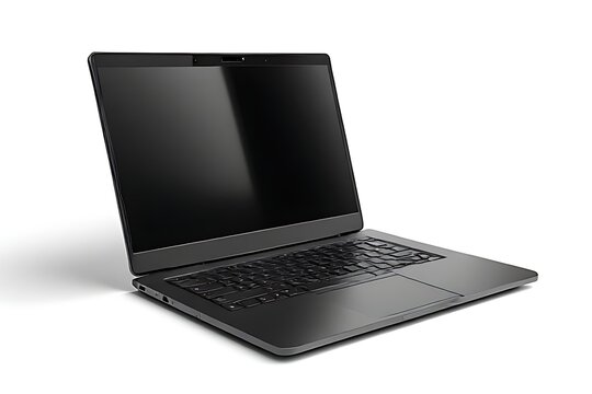 A sleek black laptop sits open on a white surface with its screen off.