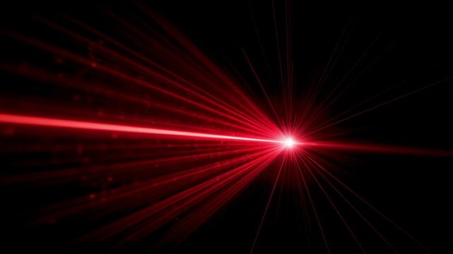 Animated red laser light rays effect bursting from bright glowing point on black background