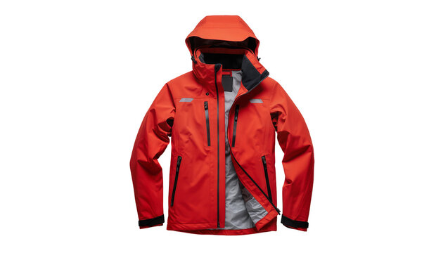 Isolated vibrant orange technical outdoor jacket with hood and multiple black zippers