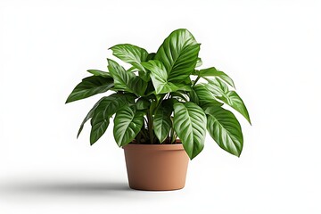 Fototapeta premium A potted plant with large green leaves sits on a white surface indoors.