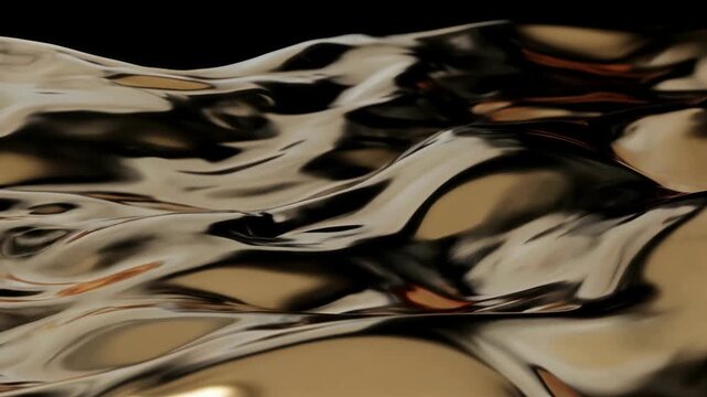 Seamless loop animation background of abstract flowing golden metallic surface with glossy liquid waves