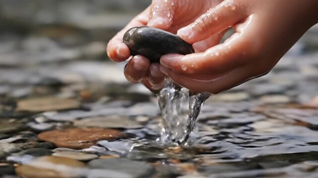 Child hands playing with pebbles in clear river water. Sensory nature play and exploration. Summer stream