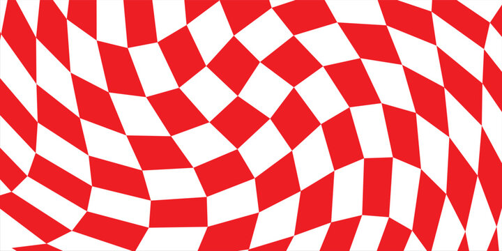 Warp Checkerboard Seamless Pattern. Groovy Distorted Checkered Background. Vector checkered background with optical illusion or distortion wave. Psychedelic dynamic banner background.eps,10
