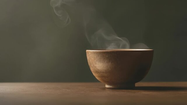 Steaming brown ceramic bowl on wooden table with dark background and copyspace