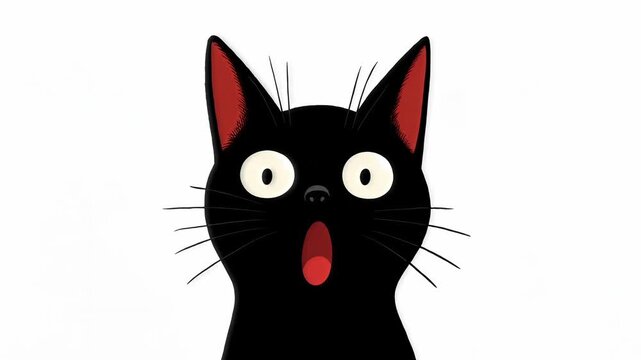 Animation of surprised black cat with wide eyes looking startled left and right with open mouth front view isolated on white
