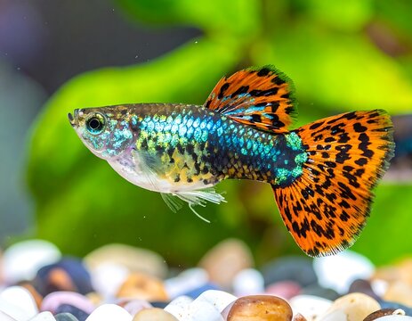 Colorful guppy fish swimming in aquarium.