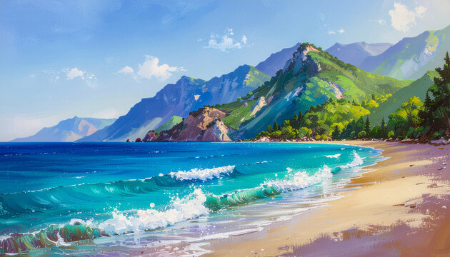 Turquoise waves on golden beach with lush mountains in textured oil painting.