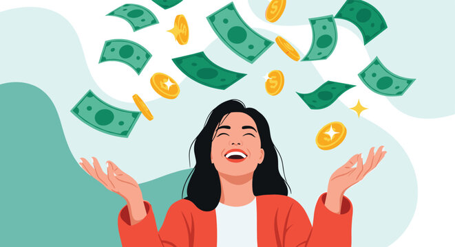 Joyful woman in an orange jacket celebrating as money in the form of gold coins and bills falls around her for wealth concepts.