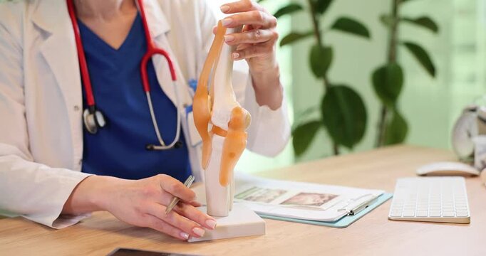 Woman doctor demonstrates human knee anatomical model in clinic office. Female physician shows bones joint in hospital environment slow motion