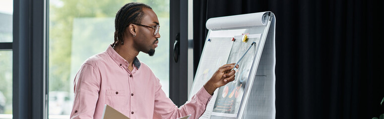 Obraz premium Young African American man presenting ideas in a creative workspace for remote work success