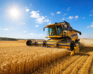 Fototapeta premium Modern Combine Harvester Working in Golden Wheat Field Under Bright Summer Sky