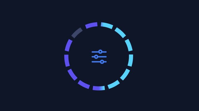 Animated digital interface featuring a settings control icon surrounded by a circular progress indicator on a dark background, representing configuration, customization, system management, and optimiz
