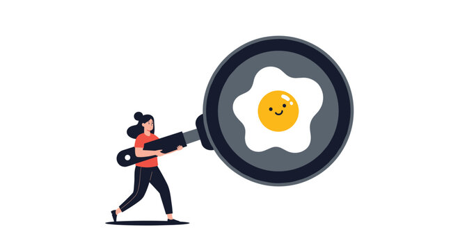 Cheerful woman holding a giant magnifying glass over a frying pan featuring a cute fried egg with a smiling face.