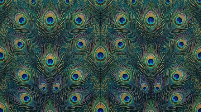 Luxury seamless peacock feather pattern with golden damask ornaments on dark teal background.