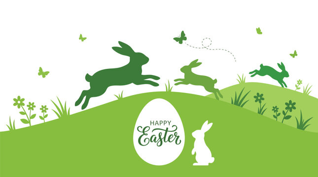Green silhouette vector illustration of jumping rabbits with a large white decorative happy easter egg
