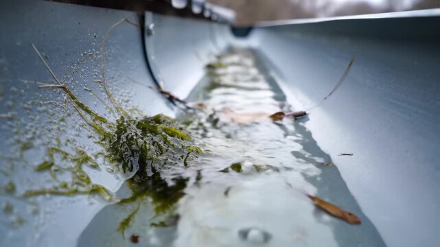 Water flowing gutter leaves moss. Drainage system roof maintenance. Seasonal cleaning concept