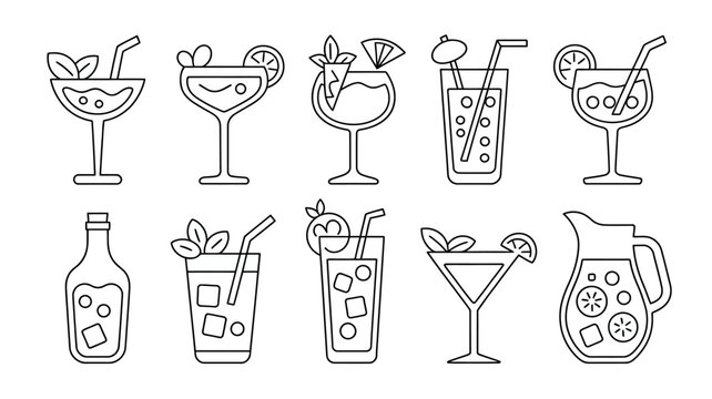 Set of eight stylish illustrated cocktail and drink icons with straws and garnishes