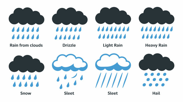 Illustration of different types of precipitation falling from clouds