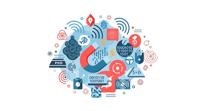 Abstract Technology and Business Concept with Horseshoe Magnet Attracting Data, Binary Code, and Financial Symbols in Flat Vector Style