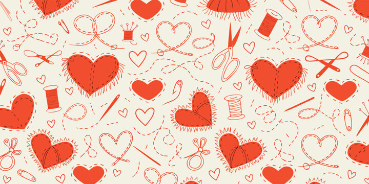 Seamless sewing pattern with stitched red hearts, scissors, needles, thimbles, and spools of thread on a light background, hand-drawn vector illustration
