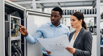 Fototapeta premium Engineers discuss a schematic diagram in front of an open electrical control panel. AI generated.