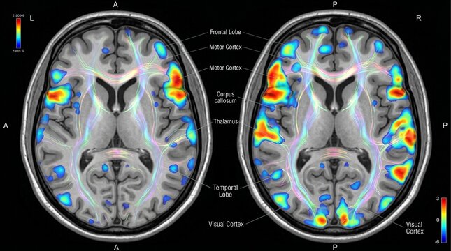 MRI Scan of Human Brain Showing Neural Activity and Structural Connectivity, Detailed Medical Imaging of Functional Brain Regions Including Motor and Visual Cortex