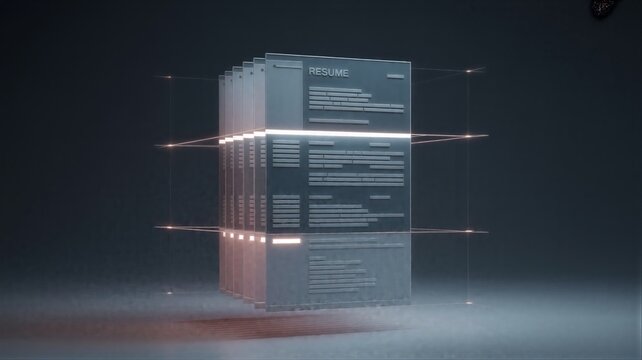 Server rack with floating data panels representing a resume checker analyzing applicant profile and extracting skill match.