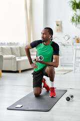 Fototapeta premium Young African American man exercising in a bright apartment while focusing on fitness and wellness