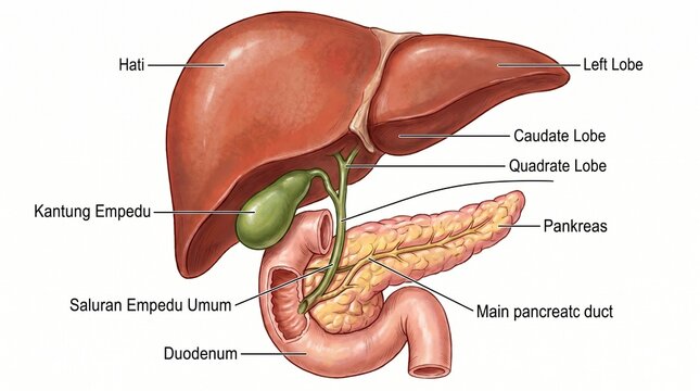 Medical illustration of human liver, gallbladder, pancreas, and duodenum anatomy with labels in Indonesian and English