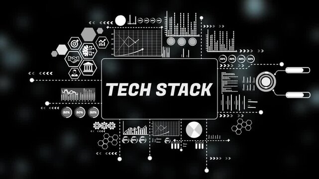  Digital tech stack Concept and Graphical Analytics Overlay. Asymptotic smart data analytic. 4k animation video 