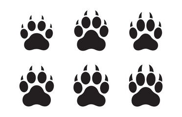 Fototapeta premium Six aggressive animal footprint icons with sharp claws isolated on clean white background surface.