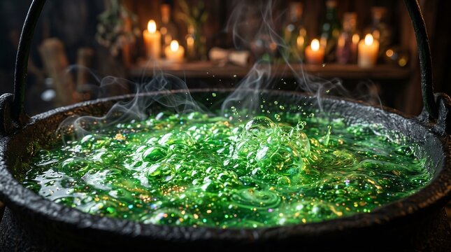 Bubbling green magic potion in a witch's cast iron cauldron with smoke and candles