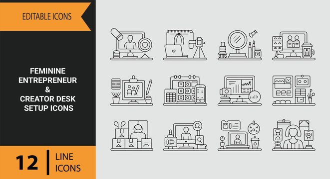 Feminine Entrepreneur and Creator Desk Setup Icons Outline for Business Content