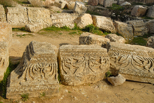 Fragments of architectural decoration from the ancient Roman city of Gerasa, now known as Jerash in Jordan