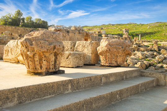 Fragments of architectural decoration from the ancient Roman city of Gerasa, now known as Jerash in Jordan