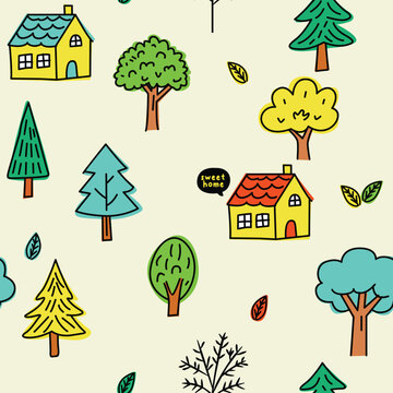 Hand Drawn Houses and Trees Seamless Pattern