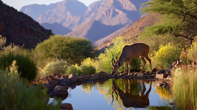 A male kudu antelope drinks from a calm watering hole in a sunny mountain wilderness setting